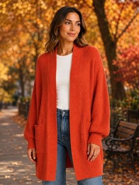 Cozy Open-Front Orange Ribbed Cardigan Sweater
